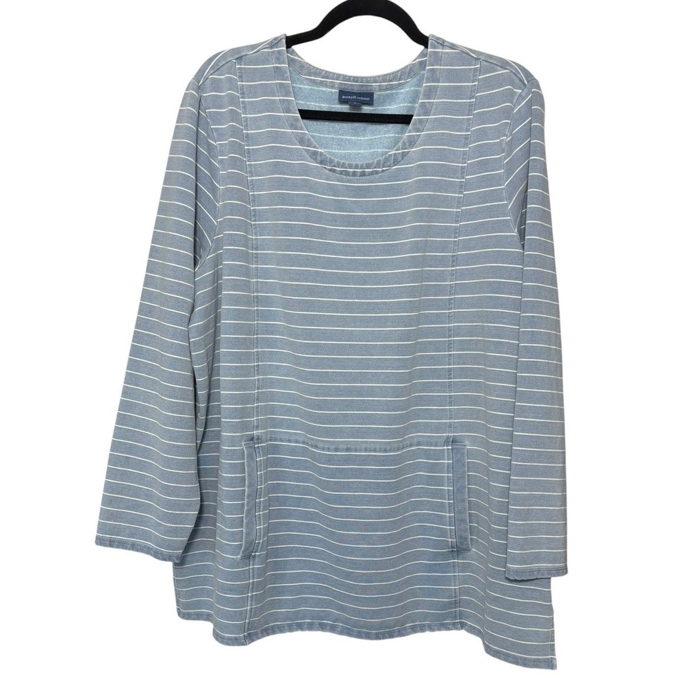 J. Jill Indigo Blue Striped Tunic Top Size XL Kangaroo‎ Pocket Comfort Lounge